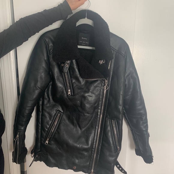 Black faux leather jacket with faux fur lining